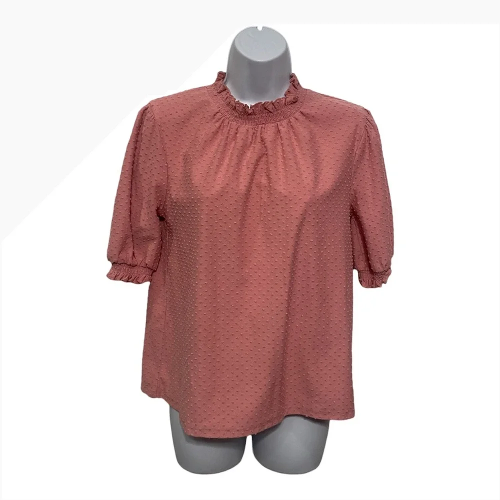J. Crew Swiss Dot Mock Neck Puff Sleeve‎ Blouse Coral Pink Size S